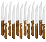 Juego de 12 Cuchillos de mesa con mango de madera natural, Cuchillo de Carne Acero...